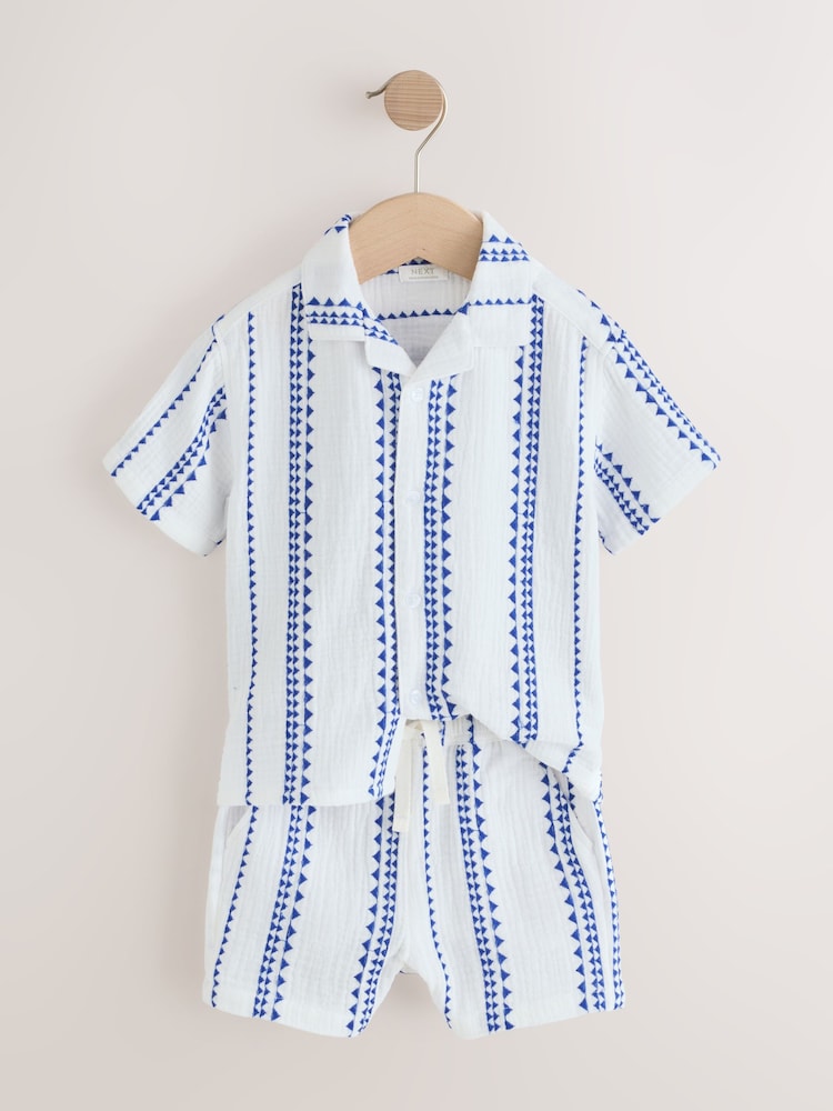 White & Blue Stripe Shirt & Short Set 100% Cotton Short Sleeves Revere Collar Textured Shirt & Shorts Set (3mths-7yrs) - Image 7 of 10