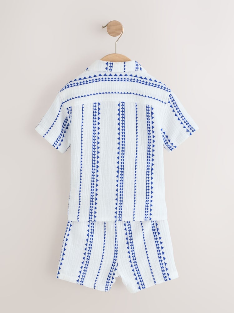 White & Blue Stripe Shirt & Short Set 100% Cotton Short Sleeves Revere Collar Textured Shirt & Shorts Set (3mths-7yrs) - Image 8 of 10