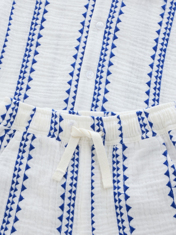 White & Blue Stripe Shirt & Short Set 100% Cotton Short Sleeves Revere Collar Textured Shirt & Shorts Set (3mths-7yrs) - Image 9 of 10
