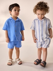Blue/White Shirt & Short Set 100% Cotton Short Sleeves Revere Collar Textured Shirt & Shorts Set (3mths-7yrs) - Image 1 of 10