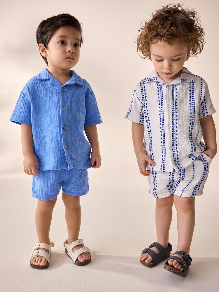 Blue/White Shirt & Short Set 100% Cotton Short Sleeves Revere Collar Textured Shirt & Shorts Set (3mths-7yrs) - Image 1 of 10