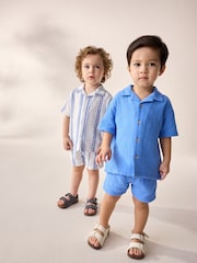 Blue/White Shirt & Short Set 100% Cotton Short Sleeves Revere Collar Textured Shirt & Shorts Set (3mths-7yrs) - Image 2 of 10