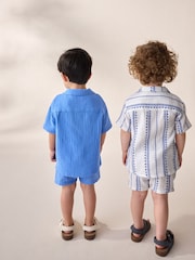Blue/White Shirt & Short Set 100% Cotton Short Sleeves Revere Collar Textured Shirt & Shorts Set (3mths-7yrs) - Image 3 of 10
