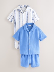 Blue/White Shirt & Short Set 100% Cotton Short Sleeves Revere Collar Textured Shirt & Shorts Set (3mths-7yrs) - Image 4 of 10