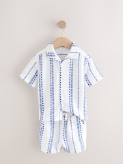 Blue/White Shirt & Short Set 100% Cotton Short Sleeves Revere Collar Textured Shirt & Shorts Set (3mths-7yrs) - Image 5 of 10