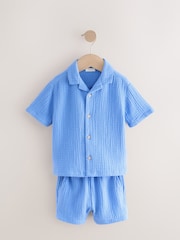 Blue/White Shirt & Short Set 100% Cotton Short Sleeves Revere Collar Textured Shirt & Shorts Set (3mths-7yrs) - Image 6 of 10