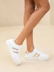 Lipsy Gold Flat Chunky Flatform Lace Up Stripe Faux Leather Trainers - Image 1 of 4