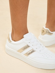 Lipsy Gold Flat Chunky Flatform Lace Up Stripe Faux Leather Trainers - Image 2 of 4