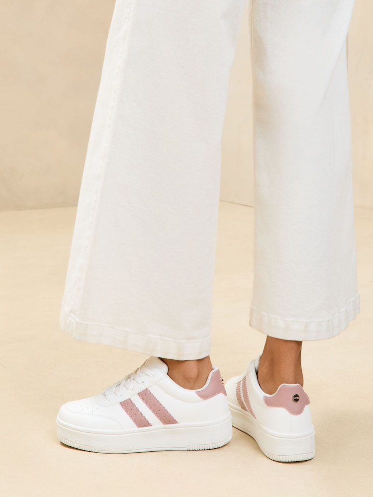 Lipsy Blush Pink Flat Chunky Flatform Lace Up Stripe Faux Leather Trainers - Image 1 of 5