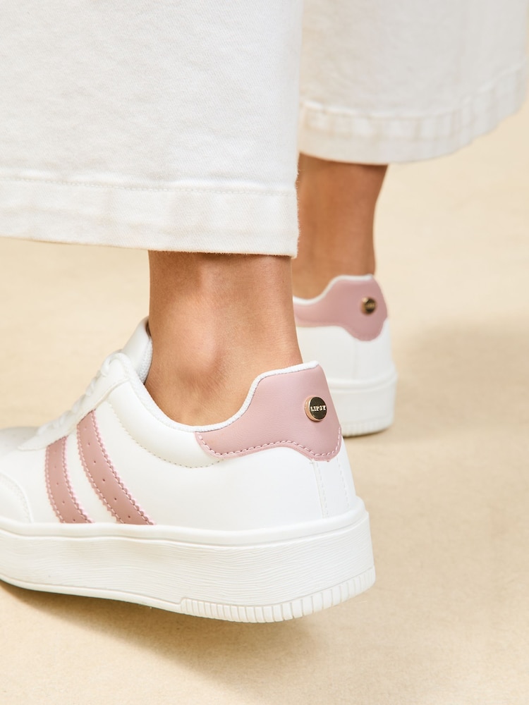 Lipsy Blush Pink Flat Chunky Flatform Lace Up Stripe Faux Leather Trainers - Image 2 of 5