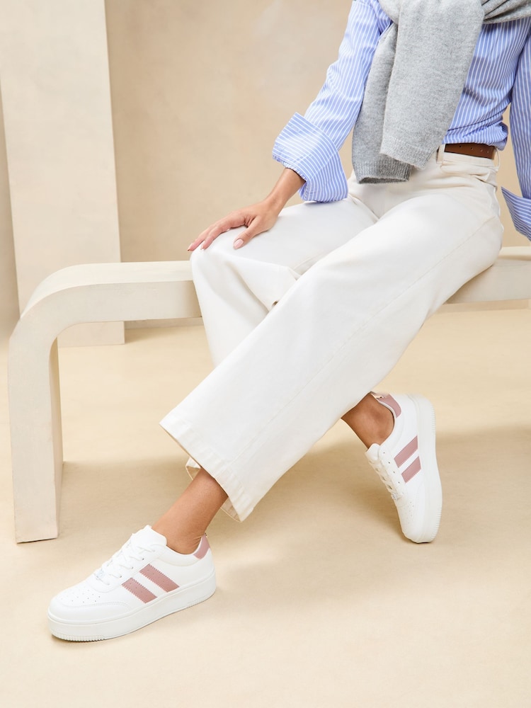 Lipsy Blush Pink Flat Chunky Flatform Lace Up Stripe Faux Leather Trainers - Image 3 of 5