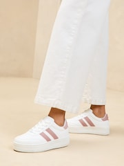 Lipsy Blush Pink Flat Chunky Flatform Lace Up Stripe Faux Leather Trainers - Image 4 of 5