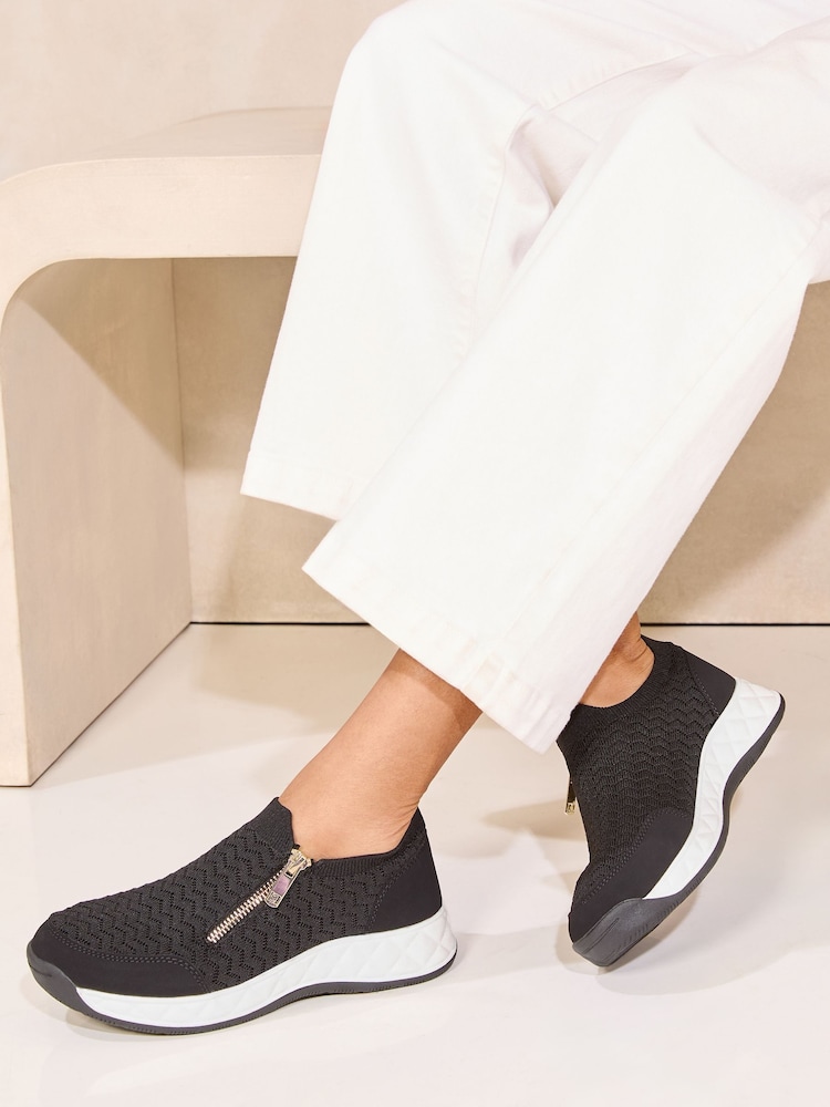 Black - Lipsy Flat Chunky Quilted Runner Outsole Side Zip Knit Trainers - Image 1 of 5 Black - Lipsy Flat Chunky Quilted Runner Outsole Side Zip Knit Trainers - Image 1 of 5