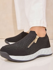 Black - Lipsy Flat Chunky Quilted Runner Outsole Side Zip Knit Trainers - Image 2 of 5