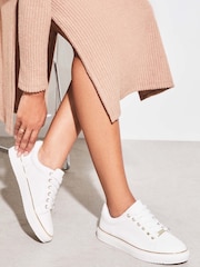Lipsy White Wide Fit Flat Chunky Lace Up Faux Leather Trainers - Image 1 of 5