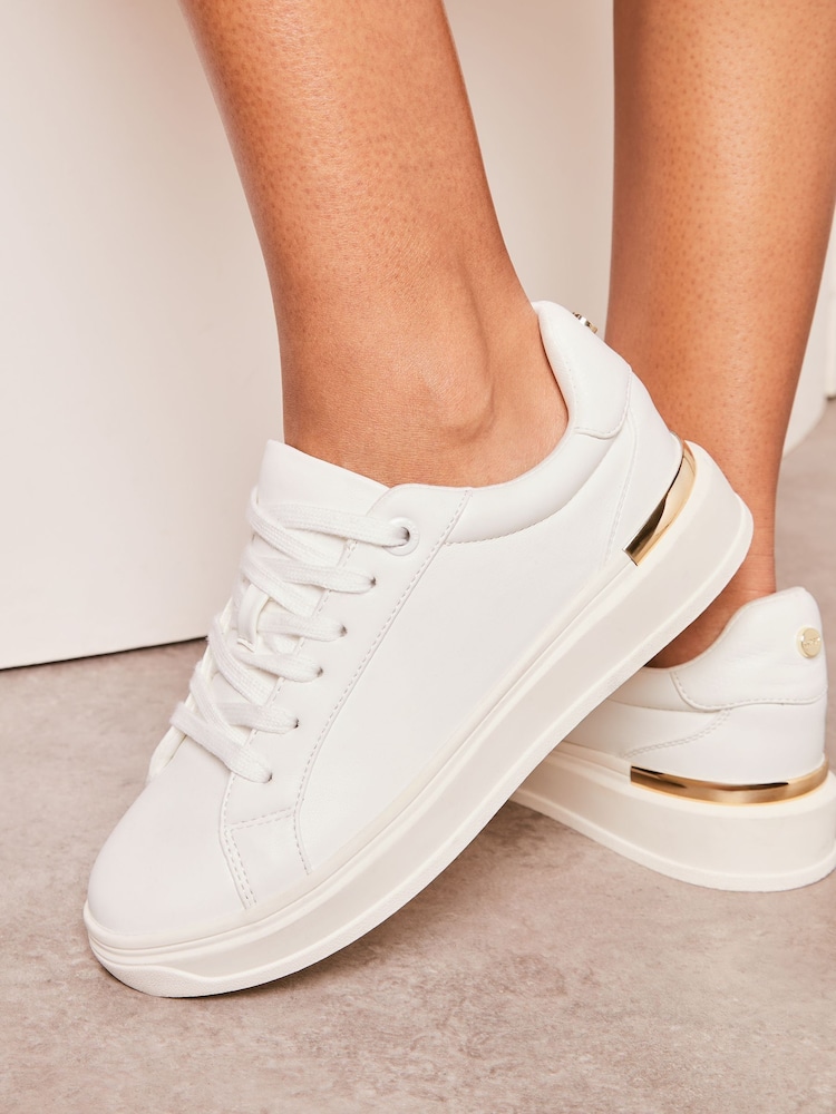 Lipsy White Flat Chunky Lace Up Metal Clip Faux Leather Trainer - Image 1 of 5