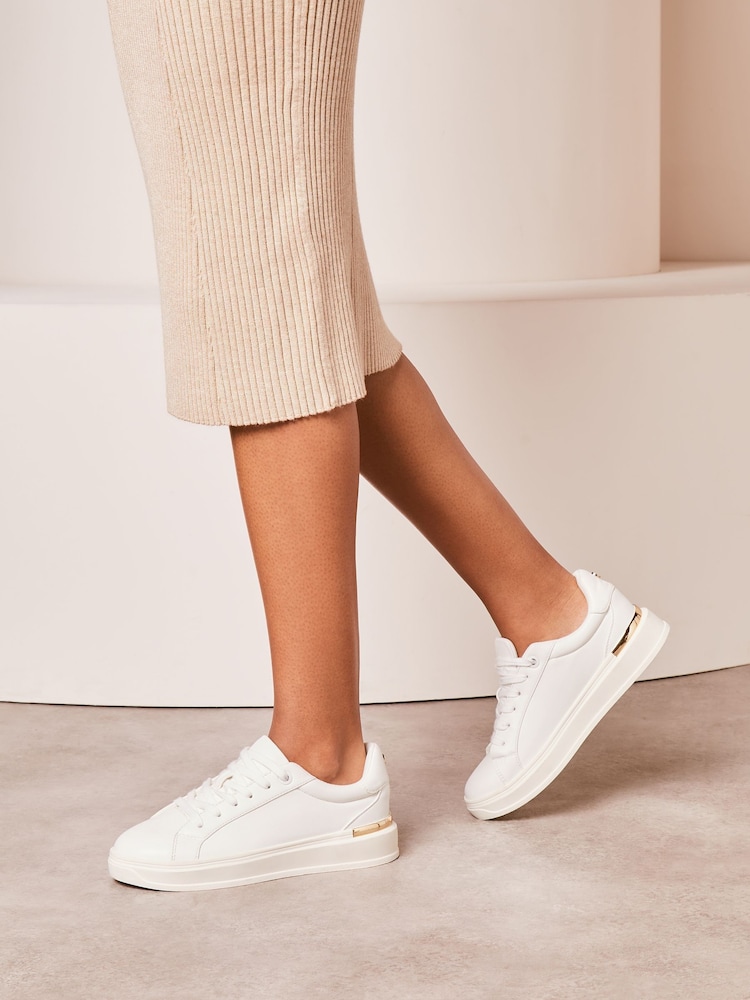 Lipsy White Flat Chunky Lace Up Metal Clip Faux Leather Trainer - Image 2 of 5