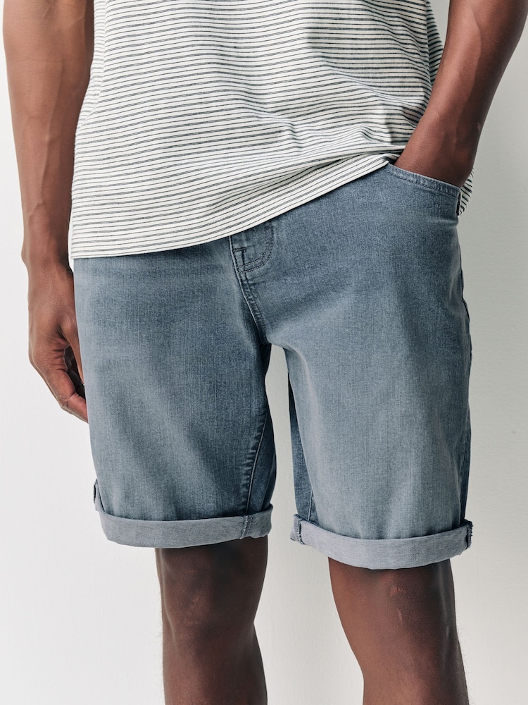 Blue Slim Fit Stretch Denim Shorts - Image 1 of 9 Blue Slim Fit Stretch Denim Shorts - Image 1 of 9