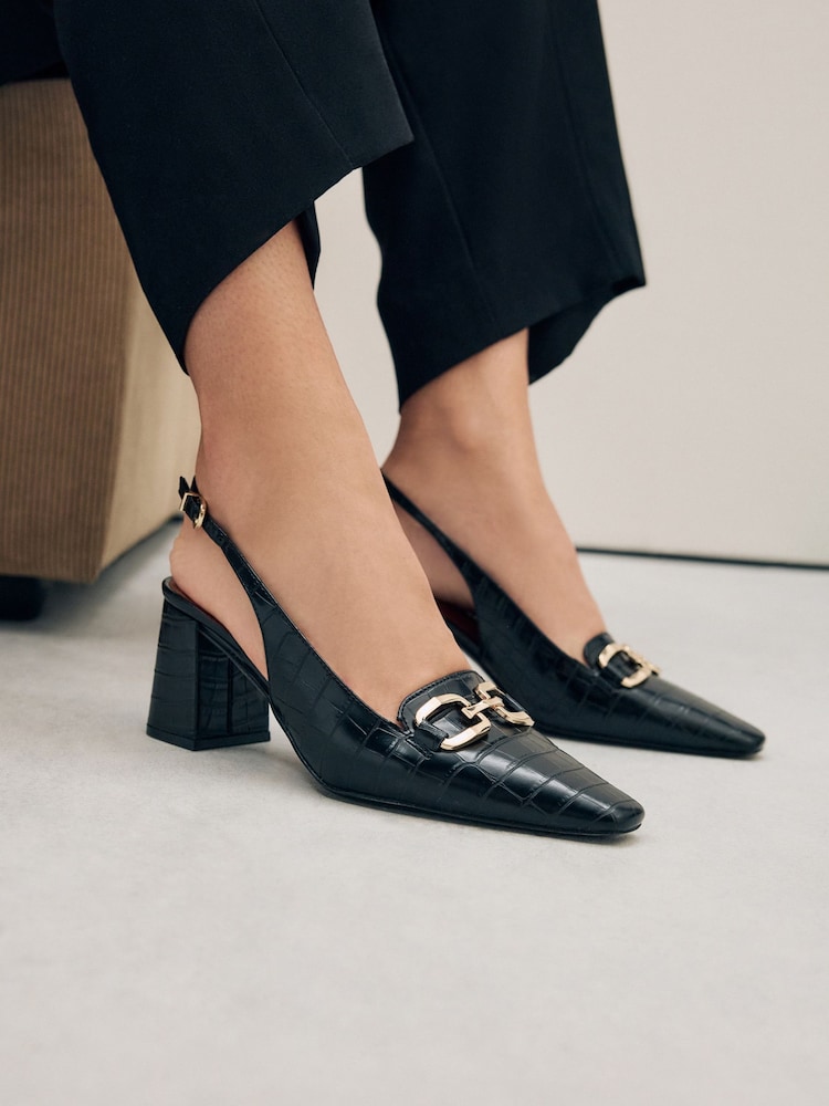Black Extra Wide Fit Forever Comfort® Square Toe Hardware Slingback Block Heels - Image 1 of 10