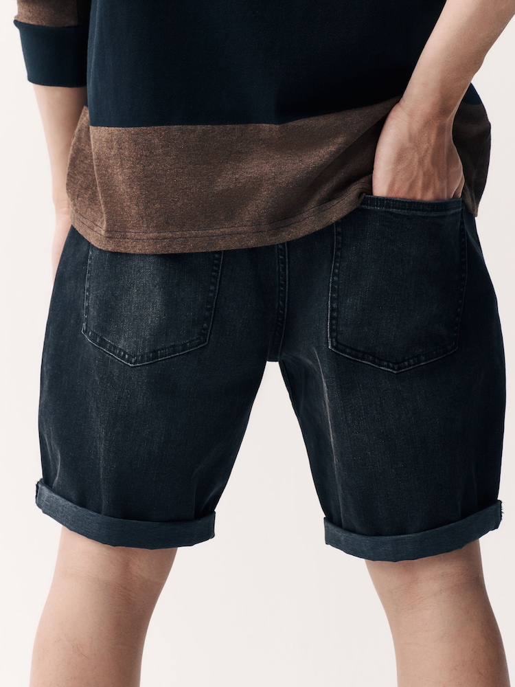 Black Straight Fit Stretch Denim Shorts - Image 2 of 9