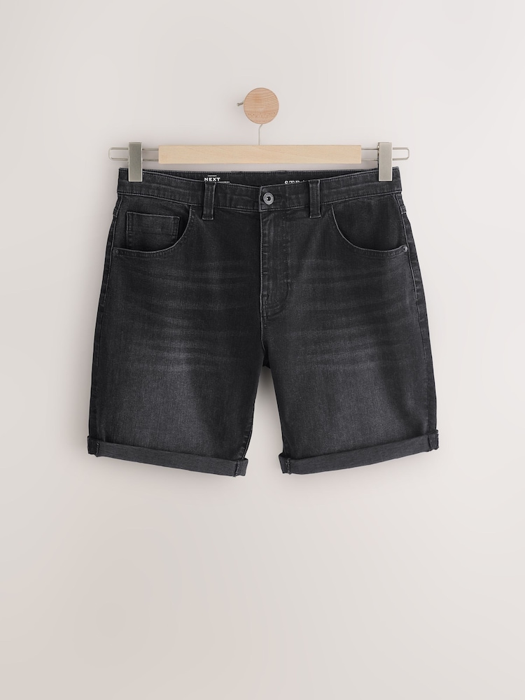 Black Straight Fit Stretch Denim Shorts - Image 5 of 9
