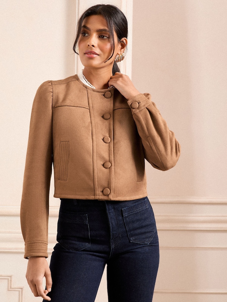 Gamuza sintética marrón - Love & Roses Collarless Puff Sleeve Jacket - Imagen 4 de 4 Gamuza sintética marrón - Love & Roses Collarless Puff Sleeve Jacket - Imagen 4 de 4