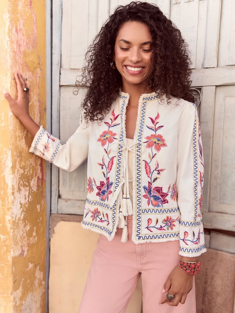 Love & Roses Ecru Floral Pattern Embroidered Jacket With A Touch Of Linen - Image 1 of 5