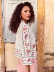 Love & Roses Ecru Floral Pattern Embroidered Jacket With A Touch Of Linen - Image 2 of 5