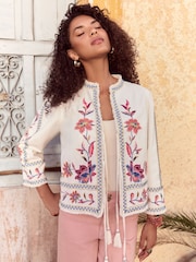Love & Roses Ecru Floral Pattern Embroidered Jacket With A Touch Of Linen - Image 3 of 5