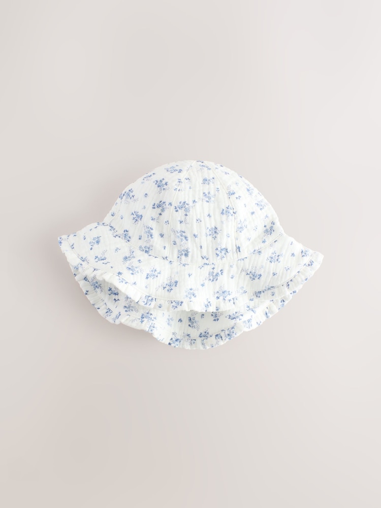 White/Blue Ditsy Floral Print 100% Cotton Baby Bucket Hat (0mths-2yrs) - Image 1 of 6