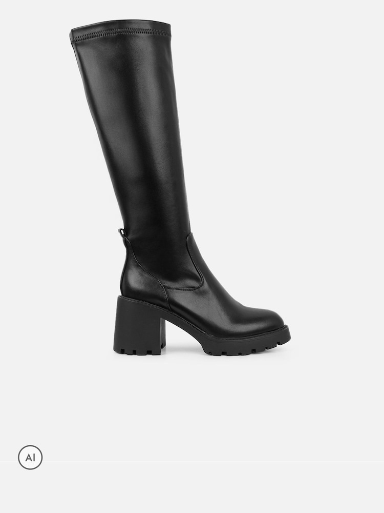 Simmi London Black Jon Knee High Heeled Chunky Stretch Boots - Image 2 of 4 Simmi London Black Jon Knee High Heeled Chunky Stretch Boots - Image 2 of 4