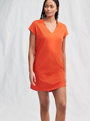 Red 100% Cotton Cap Sleeve V-Neck Mini Dress - Image 1 of 7
