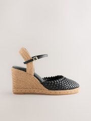 Black Forever Comfort® Leather Round Toe Weave Detail Espadrilles Wedges - Image 1 of 5