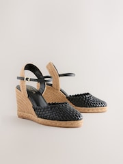 Black Forever Comfort® Leather Round Toe Weave Detail Espadrilles Wedges - Image 2 of 5
