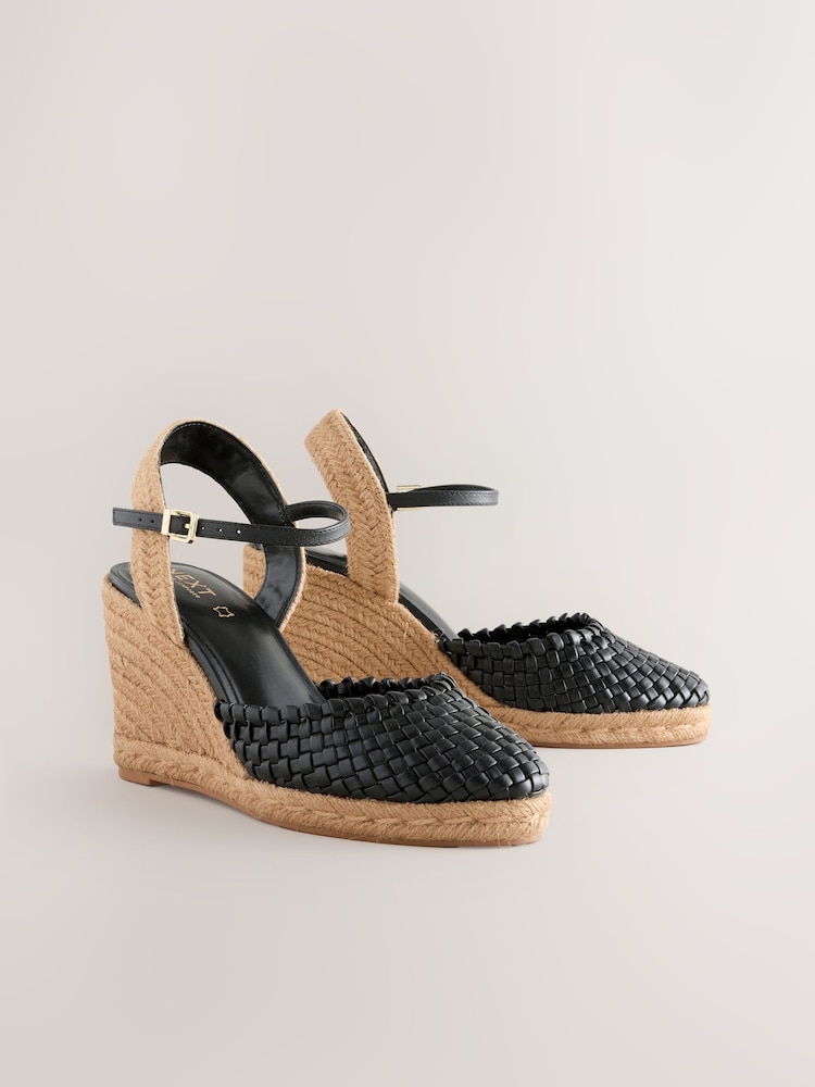 Black Forever Comfort® Leather Round Toe Weave Detail Espadrilles Wedges - Image 2 of 5