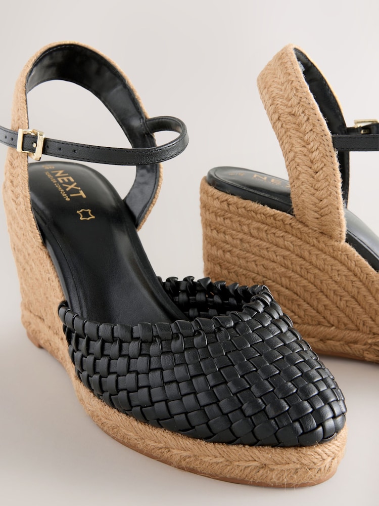 Buy Black Leather Round Toe Weave Detail Espadrilles Wedges from