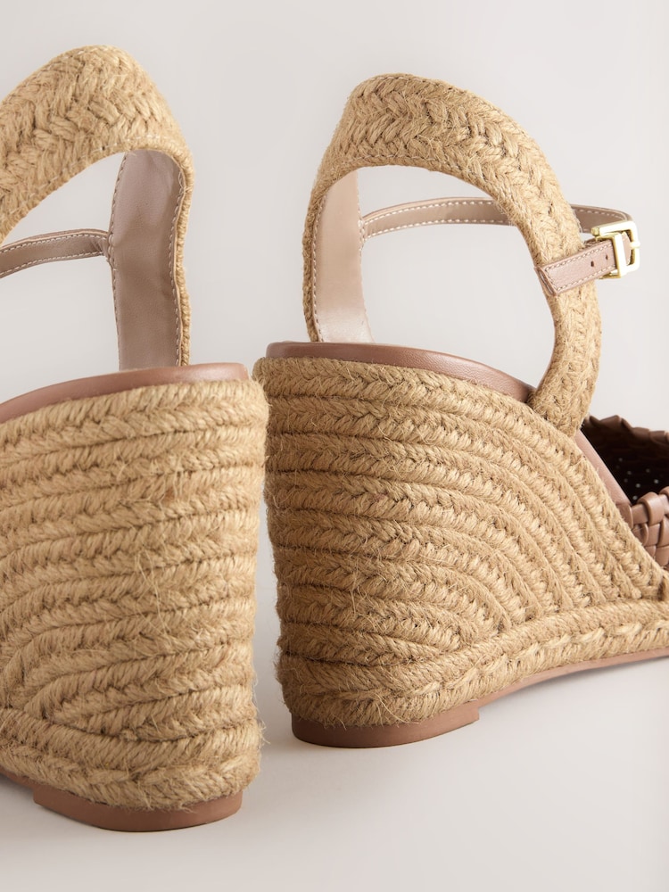 Tan Brown Forever Comfort® Leather Round Toe Weave Detail Espadrilles Wedges - Image 10 of 10