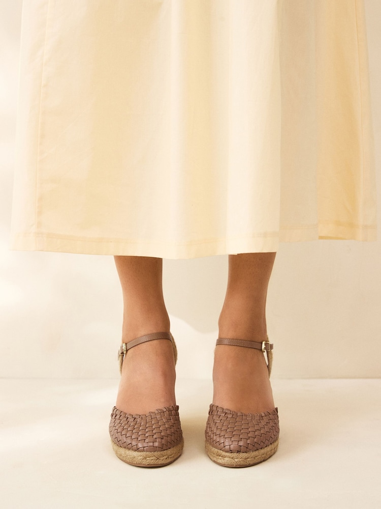 Tan Brown Forever Comfort® Leather Round Toe Weave Detail Espadrilles Wedges - Image 2 of 10