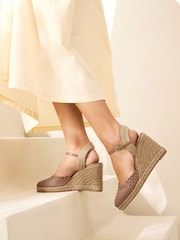 Tan Brown Forever Comfort® Leather Round Toe Weave Detail Espadrilles Wedges - Image 3 of 10