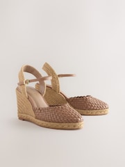Tan Brown Forever Comfort® Leather Round Toe Weave Detail Espadrilles Wedges - Image 6 of 10