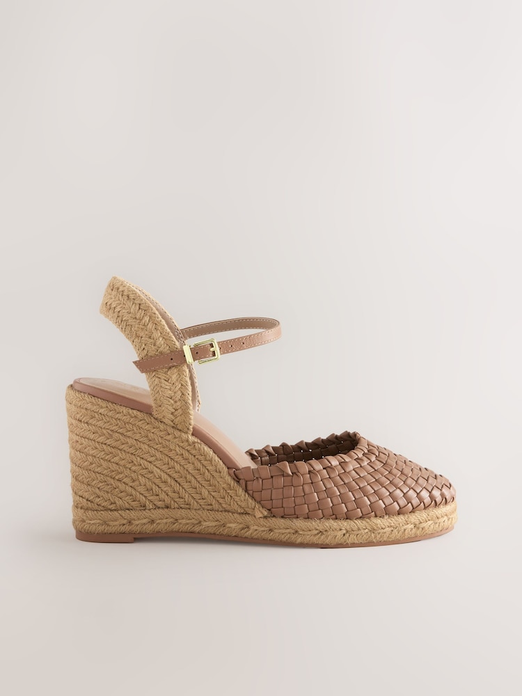 Buy Tan Brown Leather Round Toe Weave Detail Espadrilles  display picture 1