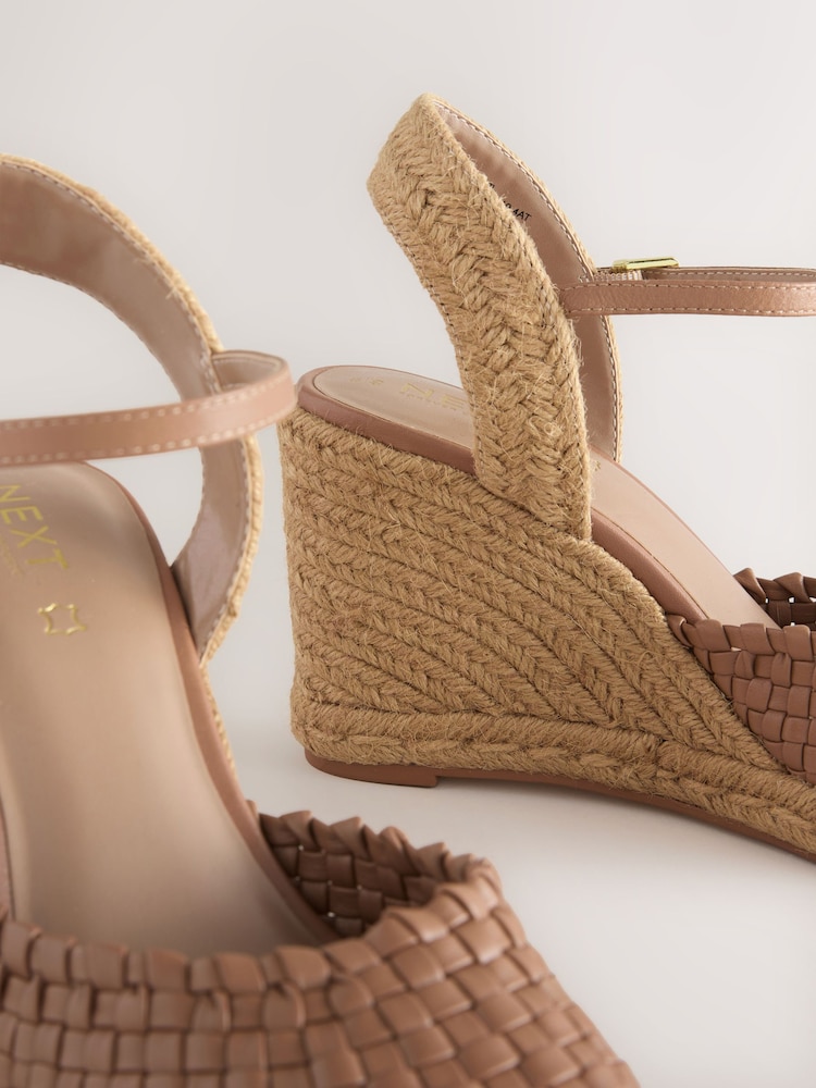 Buy Tan Brown Leather Round Toe Weave Detail Espadrilles  display picture 3