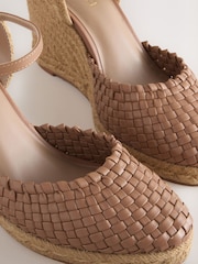 Tan Brown Forever Comfort® Leather Round Toe Weave Detail Espadrilles Wedges - Image 9 of 10