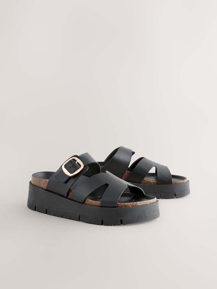 Black Forever Comfort® Leather Strap Buckle Detail Sandals - Image 4 of 7