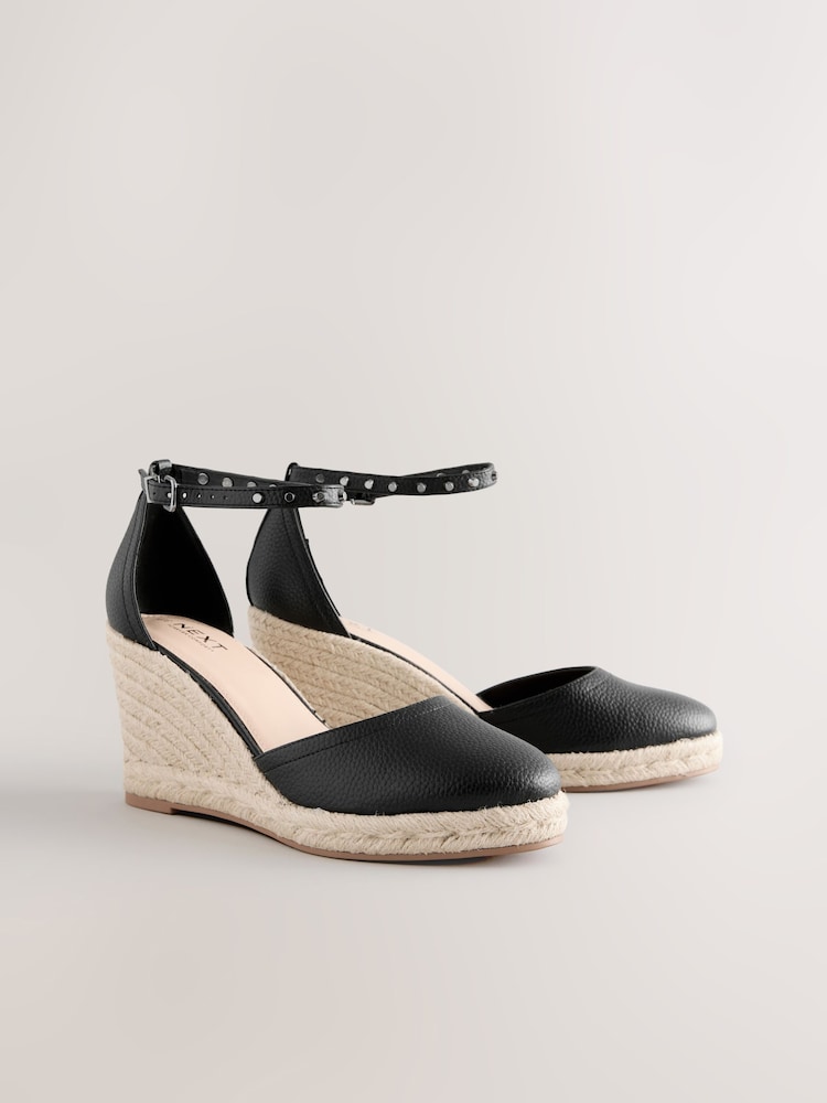 Black Forever Comfort® Round Toe Espadrille Stud Detail Wedges - Image 1 of 4