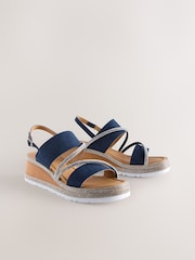 Navy Blue Extra Wide Fit Forever Comfort® Leather Bling Detail Slingback Sports Wedge Sandals - Image 1 of 5
