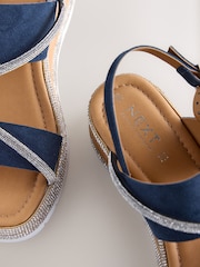Navy Blue Extra Wide Fit Forever Comfort® Leather Bling Detail Slingback Sports Wedge Sandals - Image 4 of 5