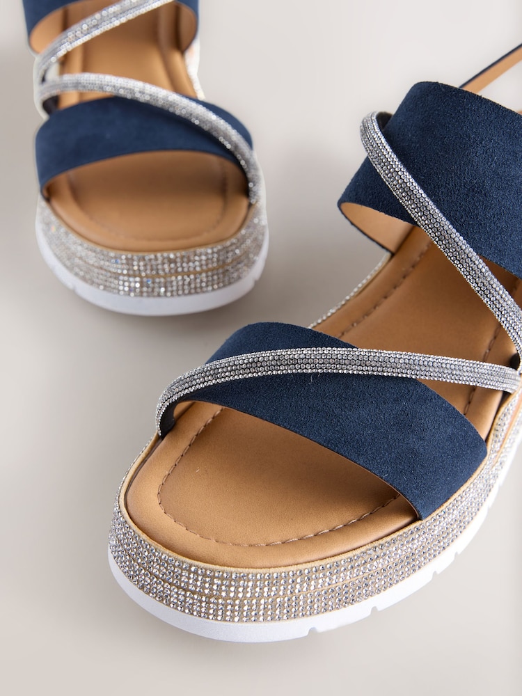 Navy Blue Extra Wide Fit Forever Comfort® Leather Bling Detail Slingback Sports Wedge Sandals - Image 5 of 5