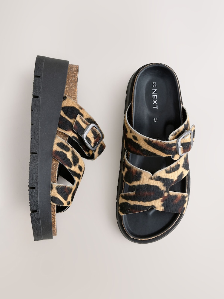 Leopard Print Forever Comfort® Leather Strap Buckle Detail Sandals - Image 1 of 6
