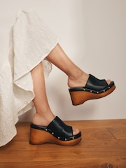 Black Signature Premium Leather Round Peep Toe Stud Plaform Clog Wegdes - Image 1 of 3
